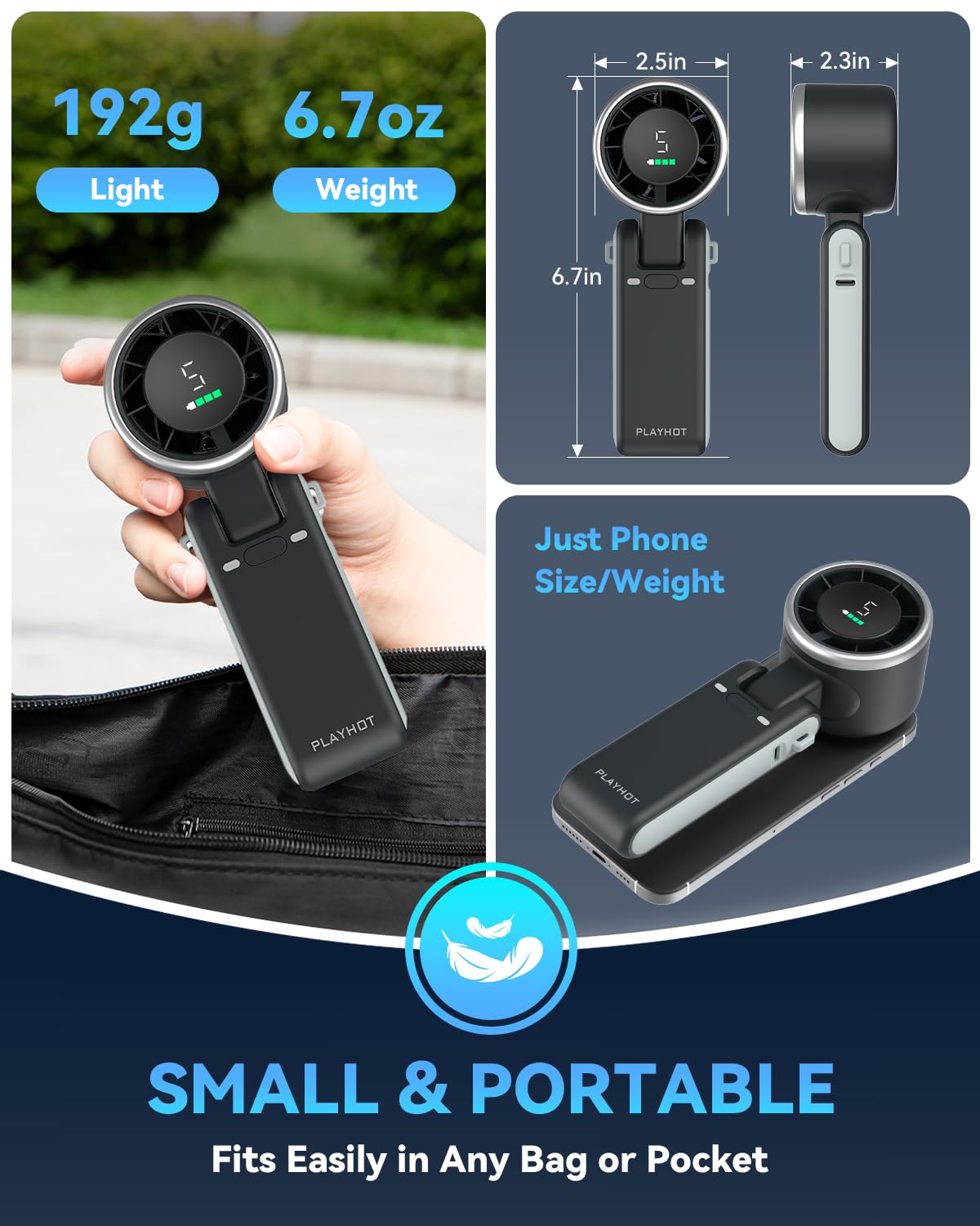 PlayHot Portable Handheld Turbo Fan, Travel Essentials, Gifts for Women/Men Blue