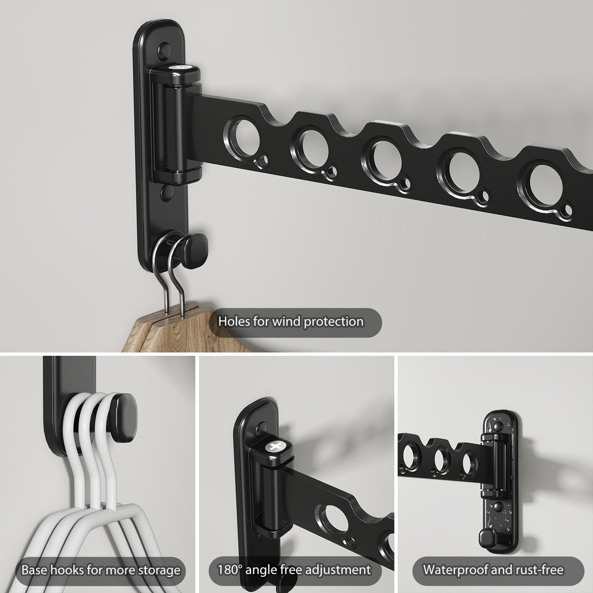 Wall Mounted Clothes Hanger Rack Foldable for Laundry Drying Rack Black Long 2P