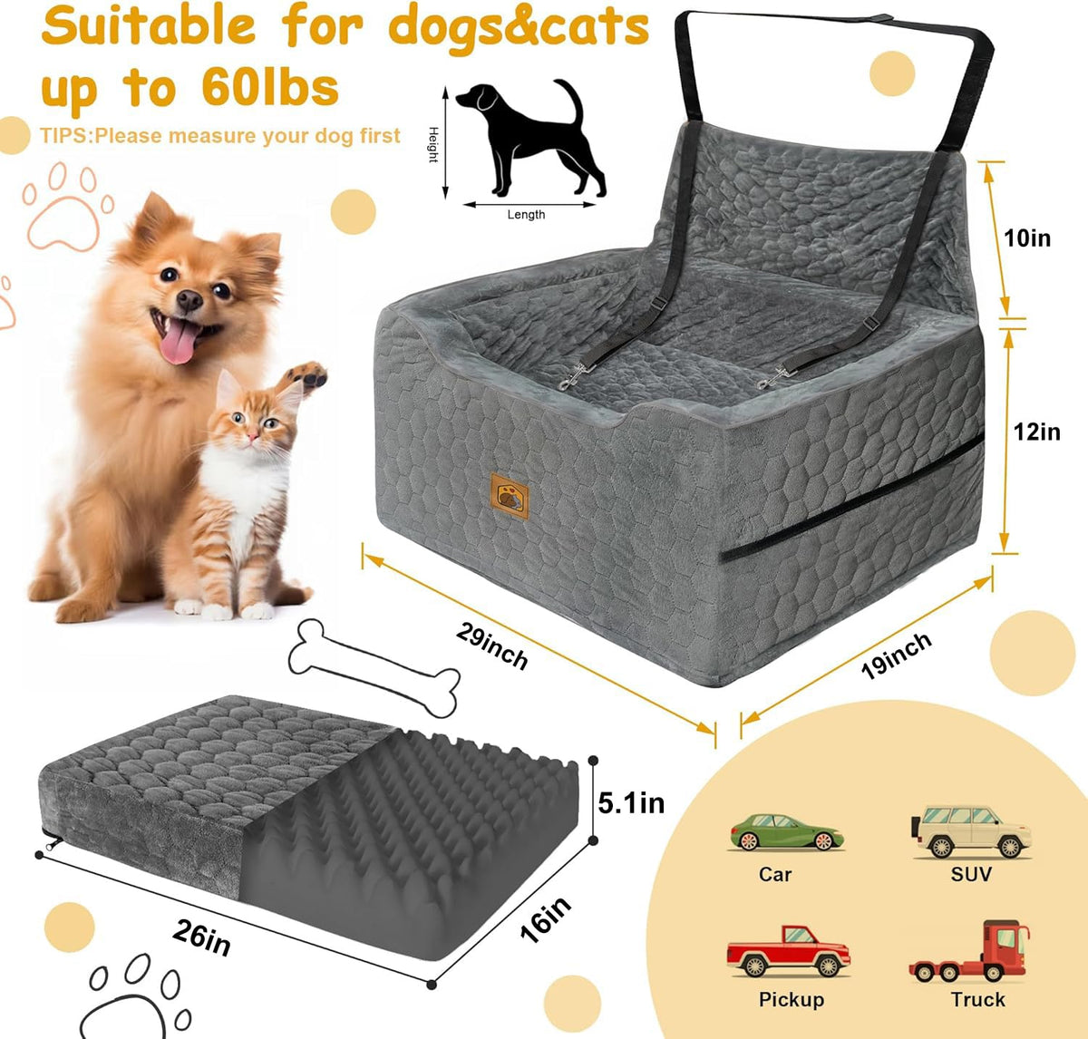 Dog Car Seat for Medium/Large Dog Booster Seat Under 60 lbs or 2 Small Dogs, Multi-Functional Pet Car Seat with Thick Cushion, 2 Safety Leashes (Gray) Gray Large