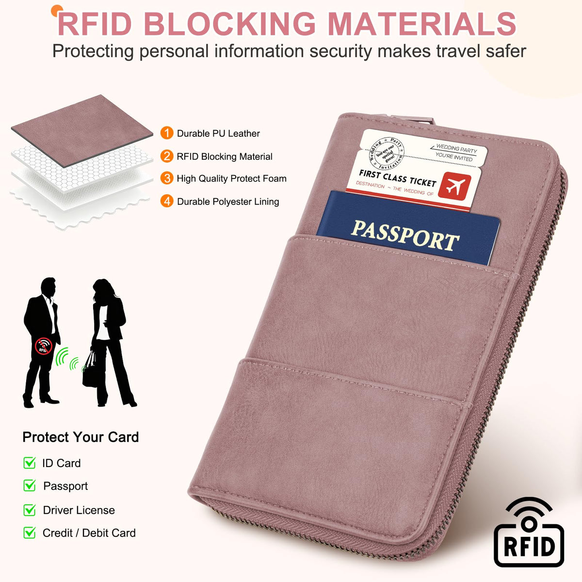 RFID Family Passport Holder Wallet - Travel Document Organizer Pink
