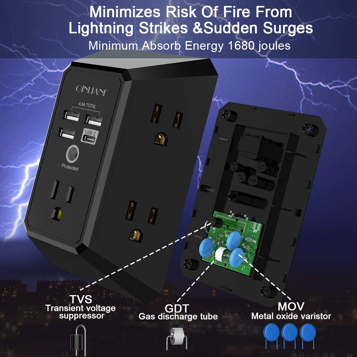 Wall Charger, Surge Protector, QINLIANF 5 Outlet Extender with 4 USB Ports Black 3U1C