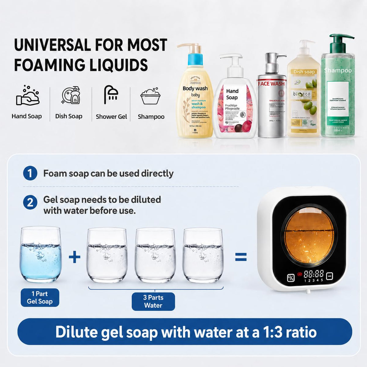Automatic Soap Dispenser Touchless, Wall Mount, Rechargeable, Mood Lighting Black