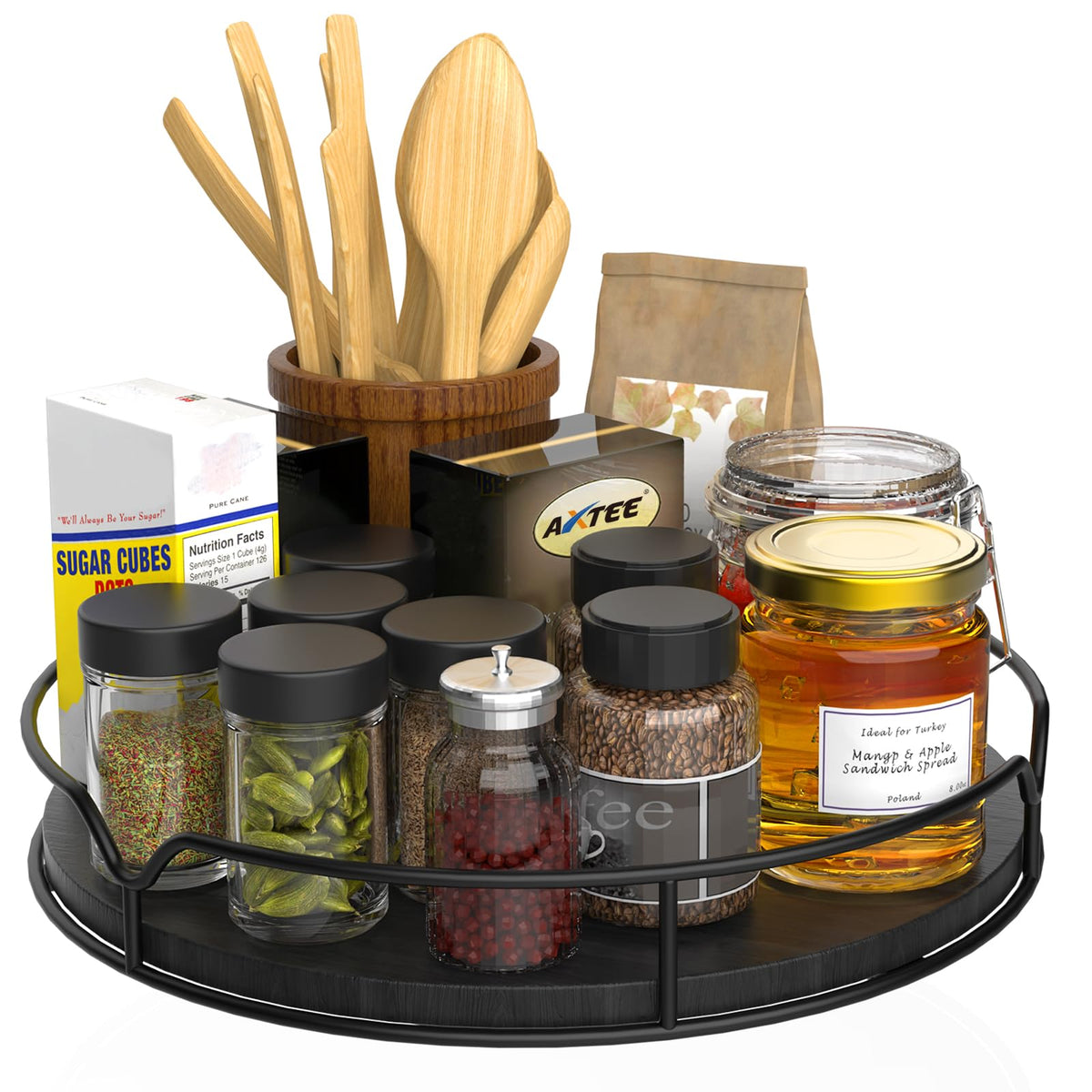Lazy Susan Turntable Organizer for Cabinet Pantry Kitchen Countertop Refrigerator Cupboard, Pine Wood, 9", Carbonized Black 9''