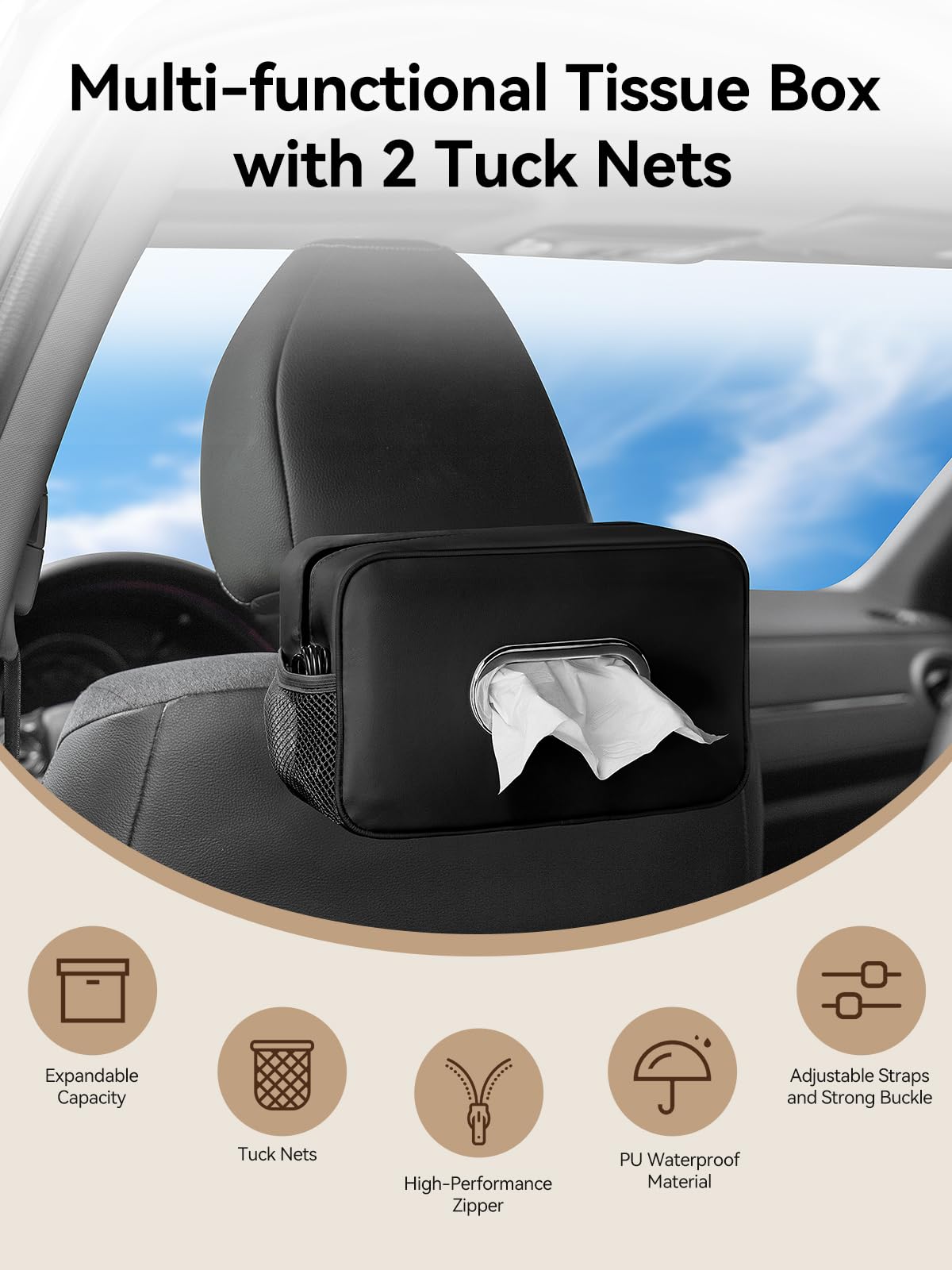 Multi-Functional Car Tissue Holder with ‌2 Storage Nets, Tissue Box Cover Black