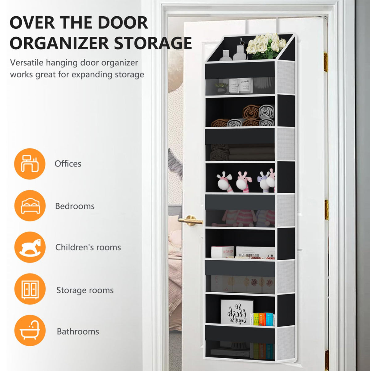 Over The Door Organizer - Over Door Storage Organizer with 5 Large Pockets & 10 Mesh Side Compartments - Heavy-Duty Hanging Storage for Bathroom, Bedroom & Closet - Baby Room Organize - Grey