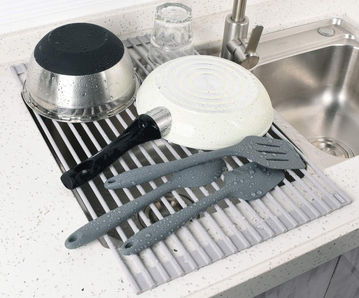 Surpahs 17.5 x 13.1 Inch Roll-Up Dish Drying Rack, Warm Gray