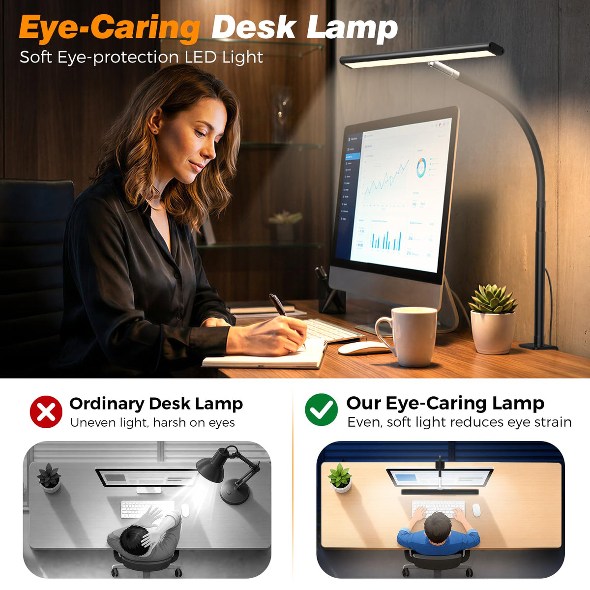 Airlonv LED Desk Lamp with Clamp, 17" Stepless Dimming Light, Black Standard
