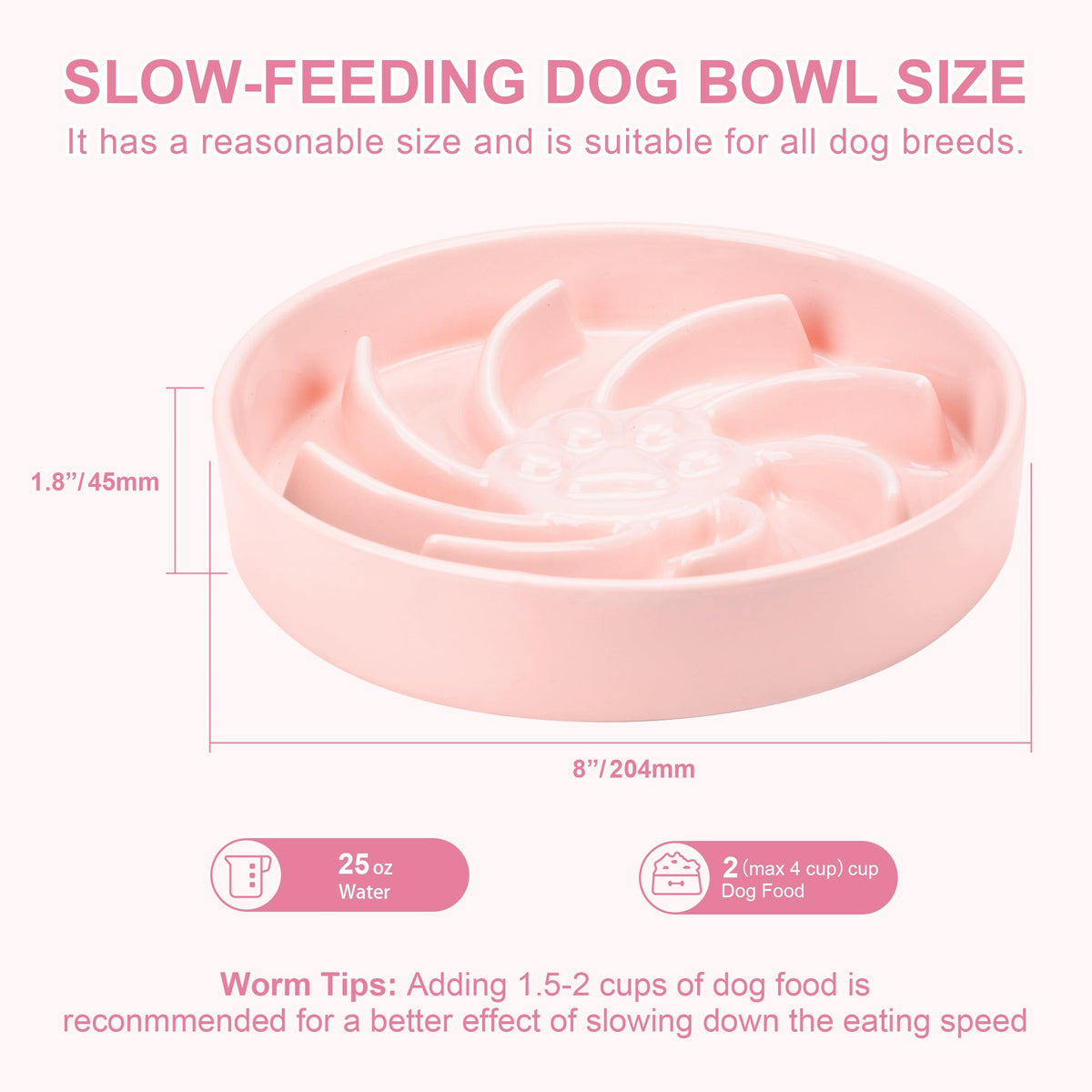 Ceramic Slow Feeder Dog Bowl, 3 Cup Dog Food or 25oz Water, Slow Eating Bowl for Middle Breed, Maze Puzzle Feeder for Fast Eaters, Anti-Choking Stop Bloat, Non-Slip BPA Free (White) White