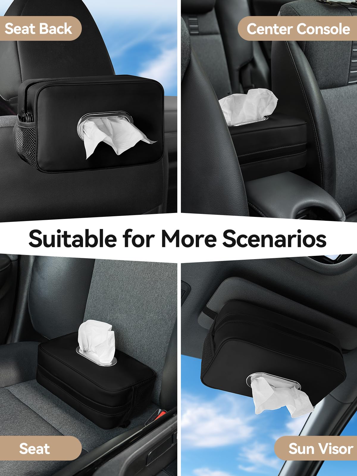 Multi-Functional Car Tissue Holder with ‌2 Storage Nets, Tissue Box Cover Black