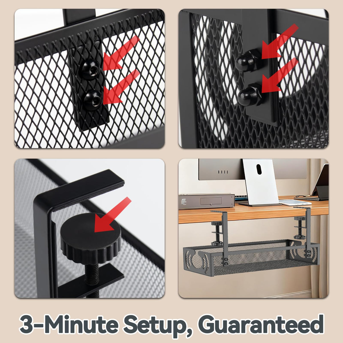 Cable Management, 25.3'' Under Desk Cable Management Tray No Drill 25.3 inch Black