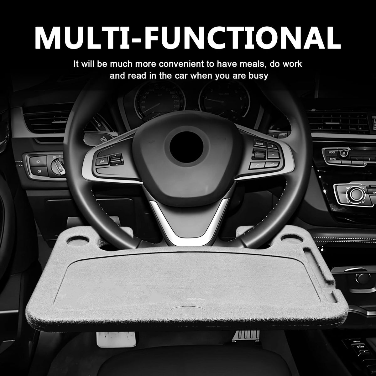 Multipurpose 2 in 1 Car Steering Wheel Desk Tray Laptop Mount and Food Table for Eating with Drink and Pen Holder Compatible with Most Vehicles (Black) black