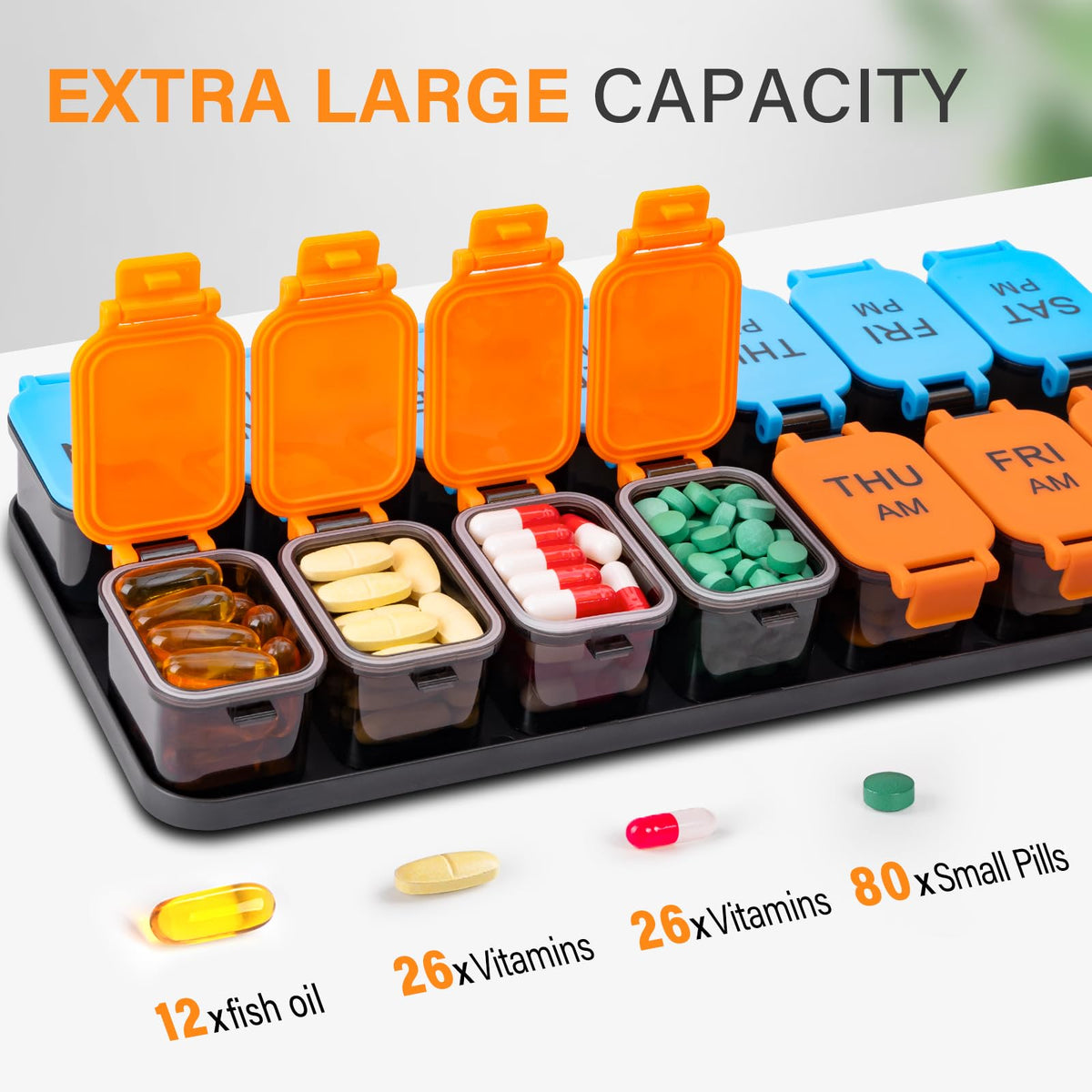 Extra Large Weekly Pill Organizer and AM/PM Medication Dispenser