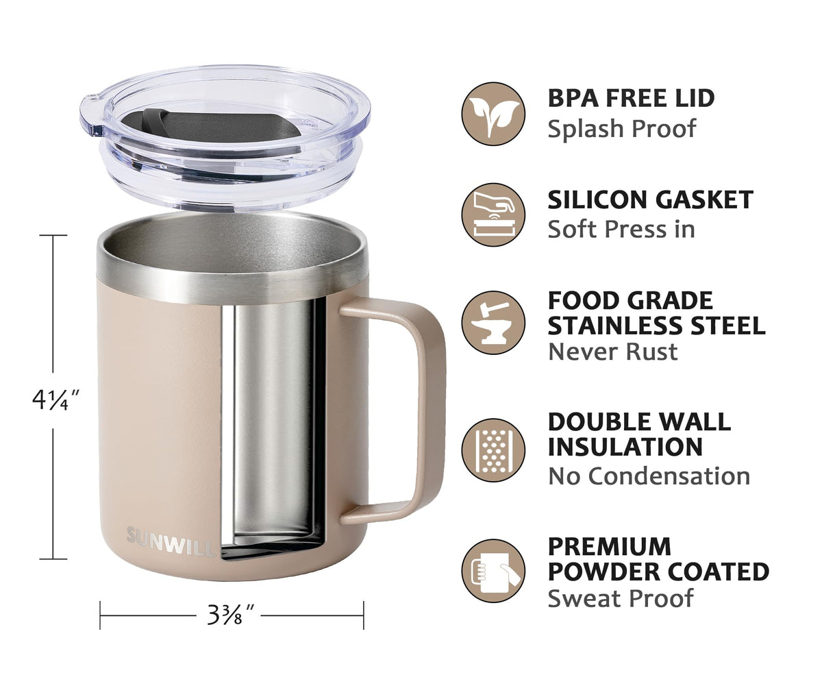 SUNWILL Insulated Coffee Mug, Stainless Steel 14 oz, Splash-Proof Lid Powder Coated Navy Blue 14 Ounces