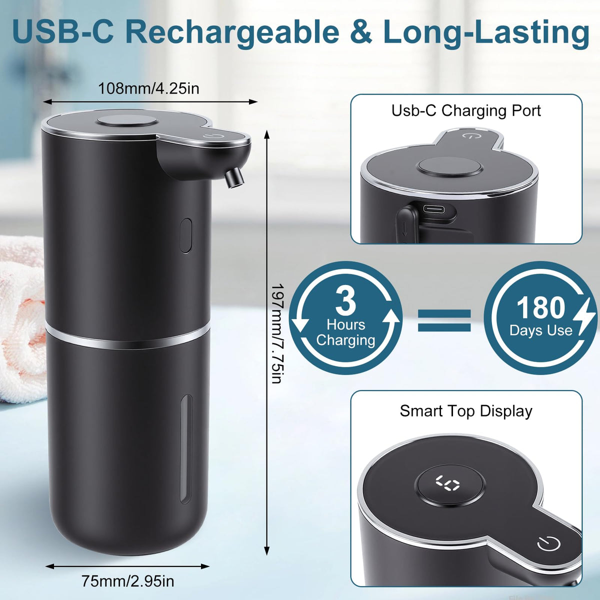 Automatic Soap Dispenser, Hand Soap Dispenser 12.8oz/380ml Smart Rechargeable, Liquid Touchless Soap Dispensers with 6-Level, Wall Mounted or Countertop Dish Soap Dispensing for Bathroom & Kitchen Black