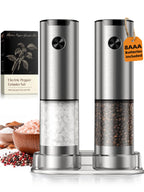 Electric Salt and Pepper Grinder Set, Battery Automatic Salt and Pepper Shaker with Adjustable Coarseness, Large Capacity Pepper Mill with LED White Elephant Gifts(Battery-Stainless Steel) Battery-Stainless Steel 2-Pack