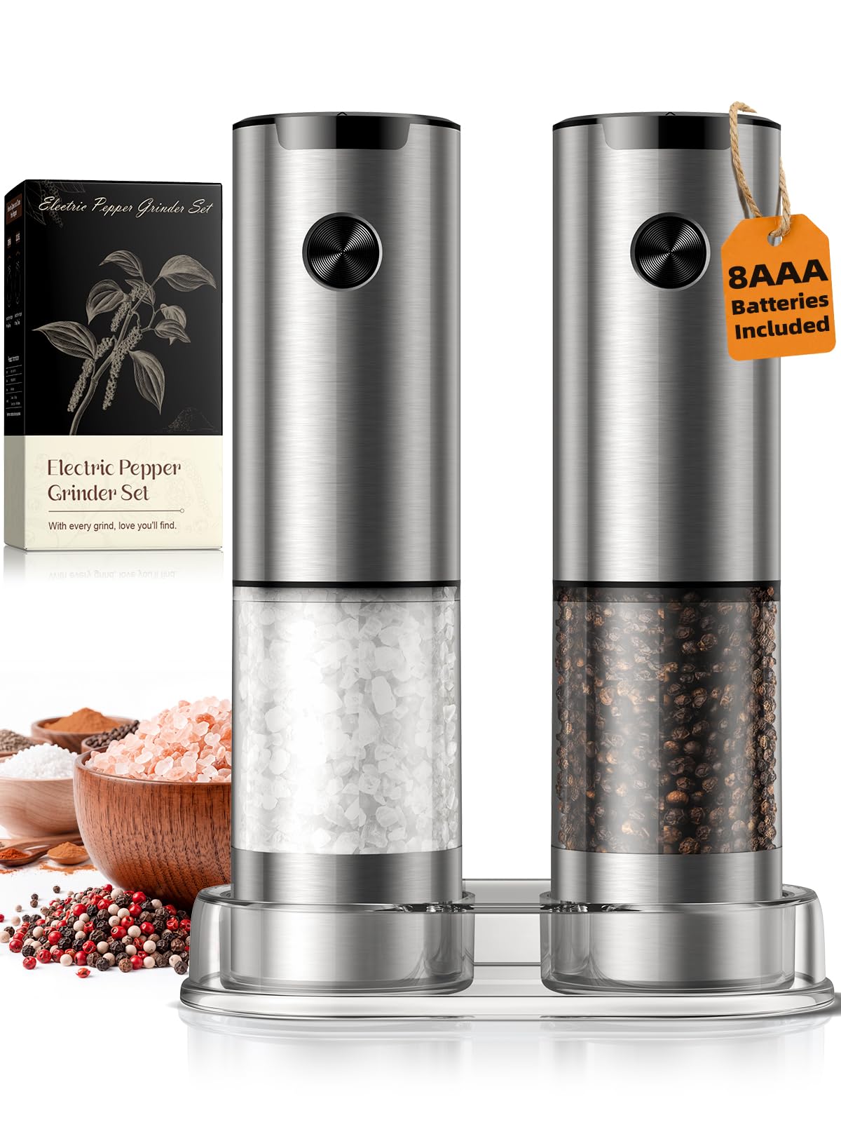 Electric Salt and Pepper Grinder Set, Battery Automatic Salt and Pepper Shaker with Adjustable Coarseness, Large Capacity Pepper Mill with LED White Elephant Gifts(Battery-Stainless Steel) Battery-Stainless Steel 2-Pack