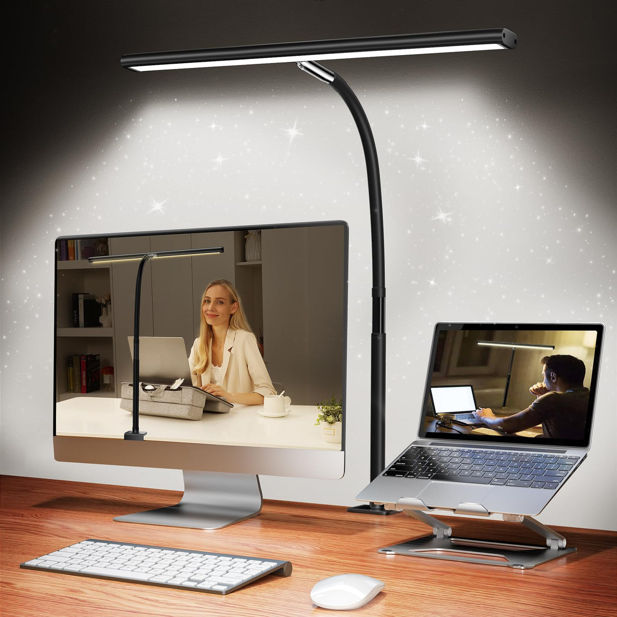 Airlonv LED Desk Lamp with Clamp, 17" Stepless Dimming Light, Black Standard