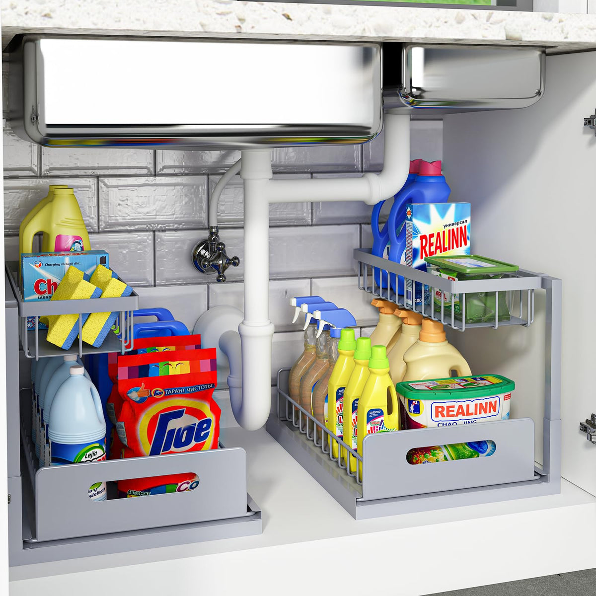 REALINN Under Sink Organizer, L-Shaped Pull Out Cabinet Kitchen