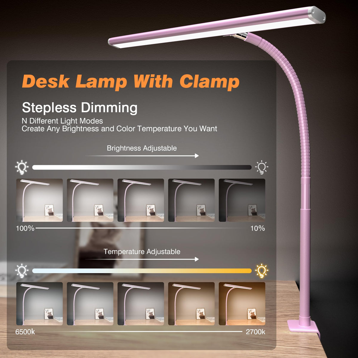 Airlonv LED Desk Lamp with Clamp, 17" Stepless Dimming Light, Black Standard