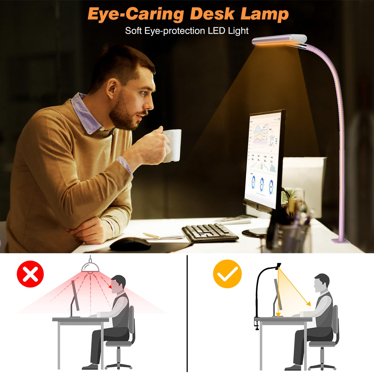 Airlonv LED Desk Lamp with Clamp, 17" Stepless Dimming Light, Black Standard