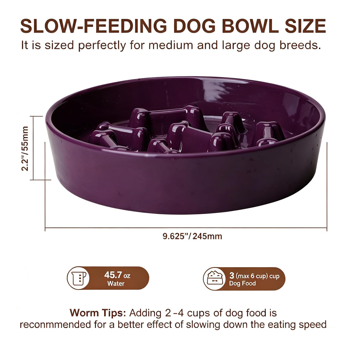 Ceramic Slow Feeder Dog Bowl, 3 Cup Dog Food or 25oz Water, Slow Eating Bowl for Middle Breed, Maze Puzzle Feeder for Fast Eaters, Anti-Choking Stop Bloat, Non-Slip BPA Free (White) White