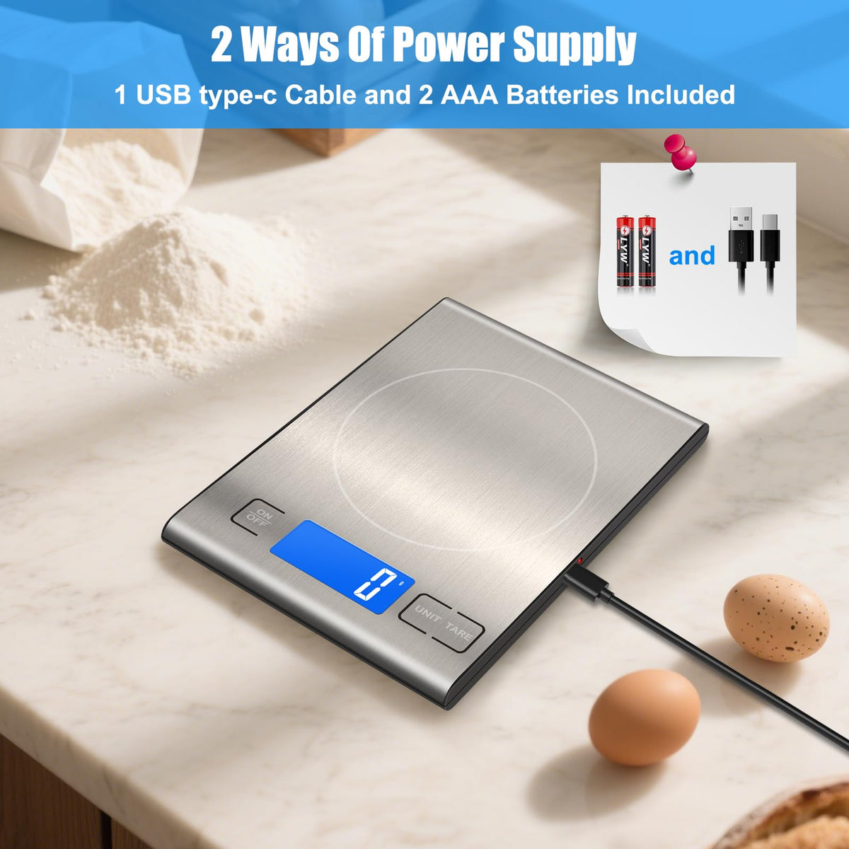 33lb Rechargeable Food Scale, Diyife 304 Stainless Steel Kitchen Scale Silver Medium