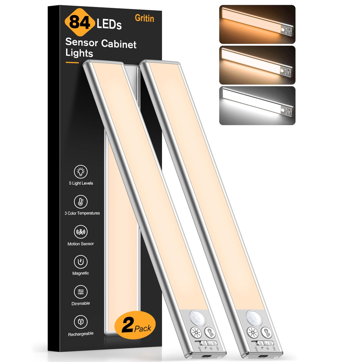 Gritin 14.7inch Under Cabinet Lighting Rechargeable 2 Pack Black 14.7 inch