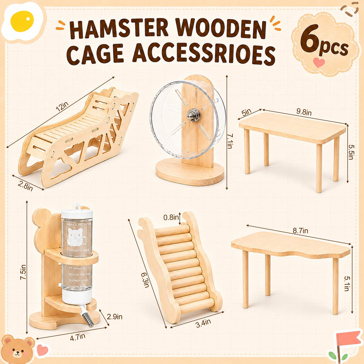 BreezeHug 6 Pcs Wooden Hamster Cage Accessories, Hamster Tunnels, Stylish