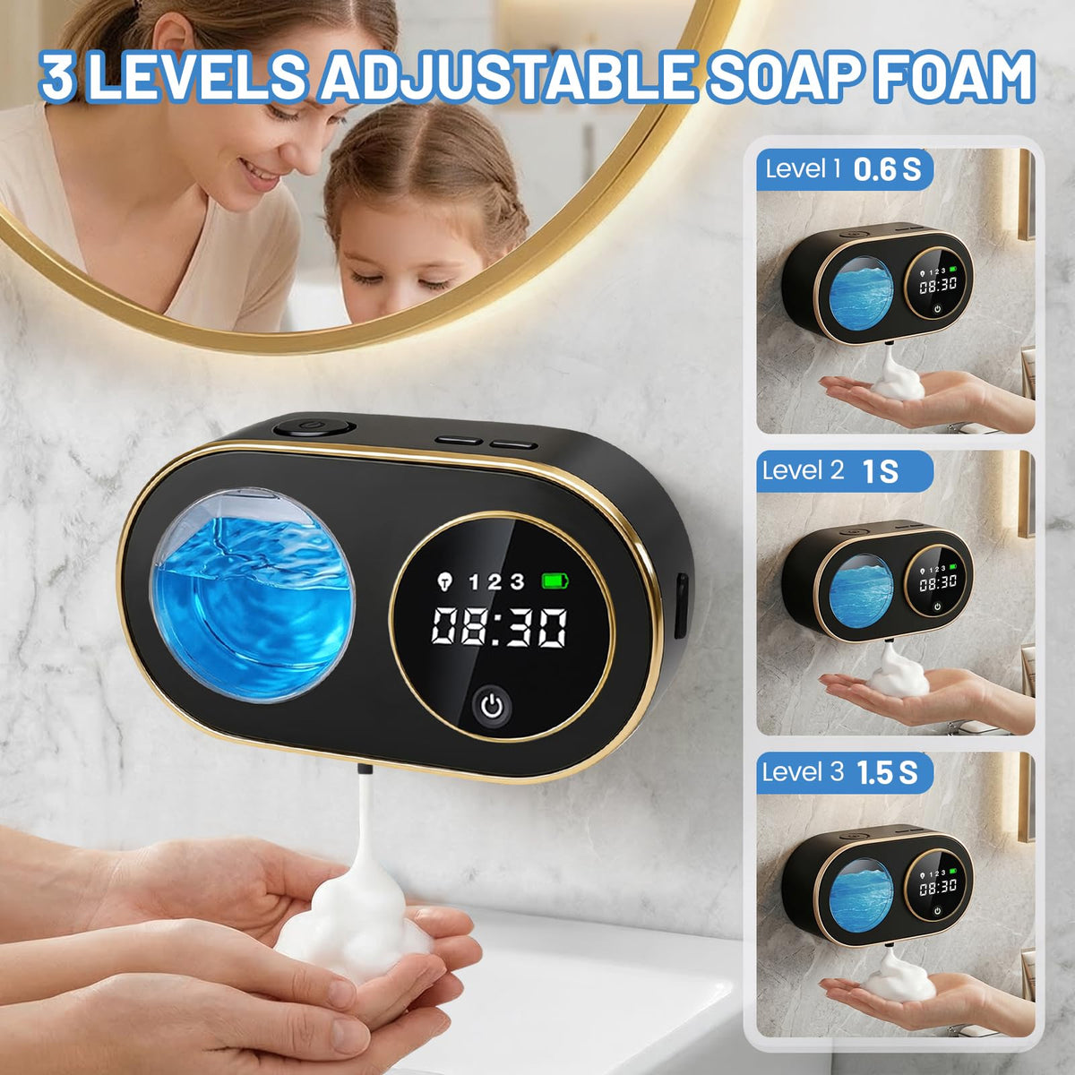 Automatic Soap Dispenser, 320ML Touchless Smart Hand Soap Dispenser, 5 Adjustable Soap Levels, Rechargeable Wall Mounted Electric Foam Soap Dispenser for Bathroom Kitchen Office (Black) Black
