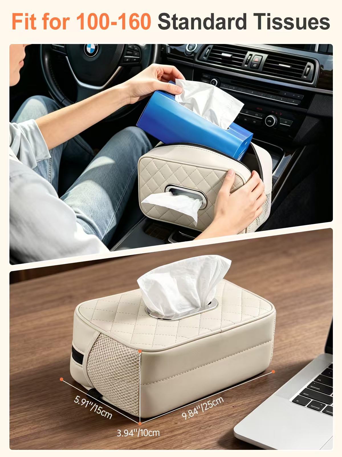 2PCS Multi-Functional Car Tissue Holder with ‌2 Tuck Nets, Tissue Box Cover 2pack Deep Black
