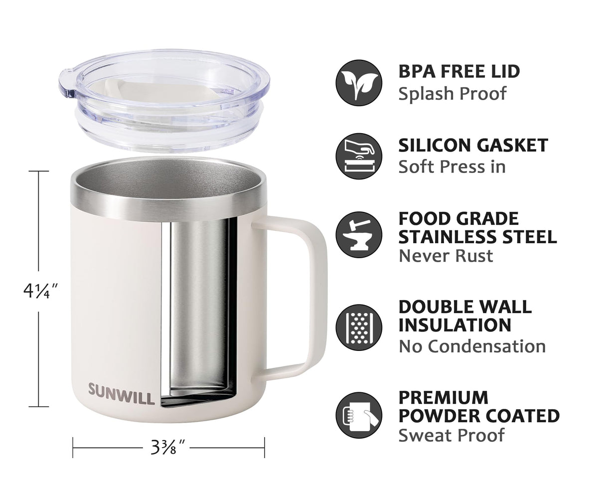 SUNWILL Insulated Coffee Mug, Stainless Steel 14 oz, Splash-Proof Lid Powder Coated Navy Blue 14 Ounces
