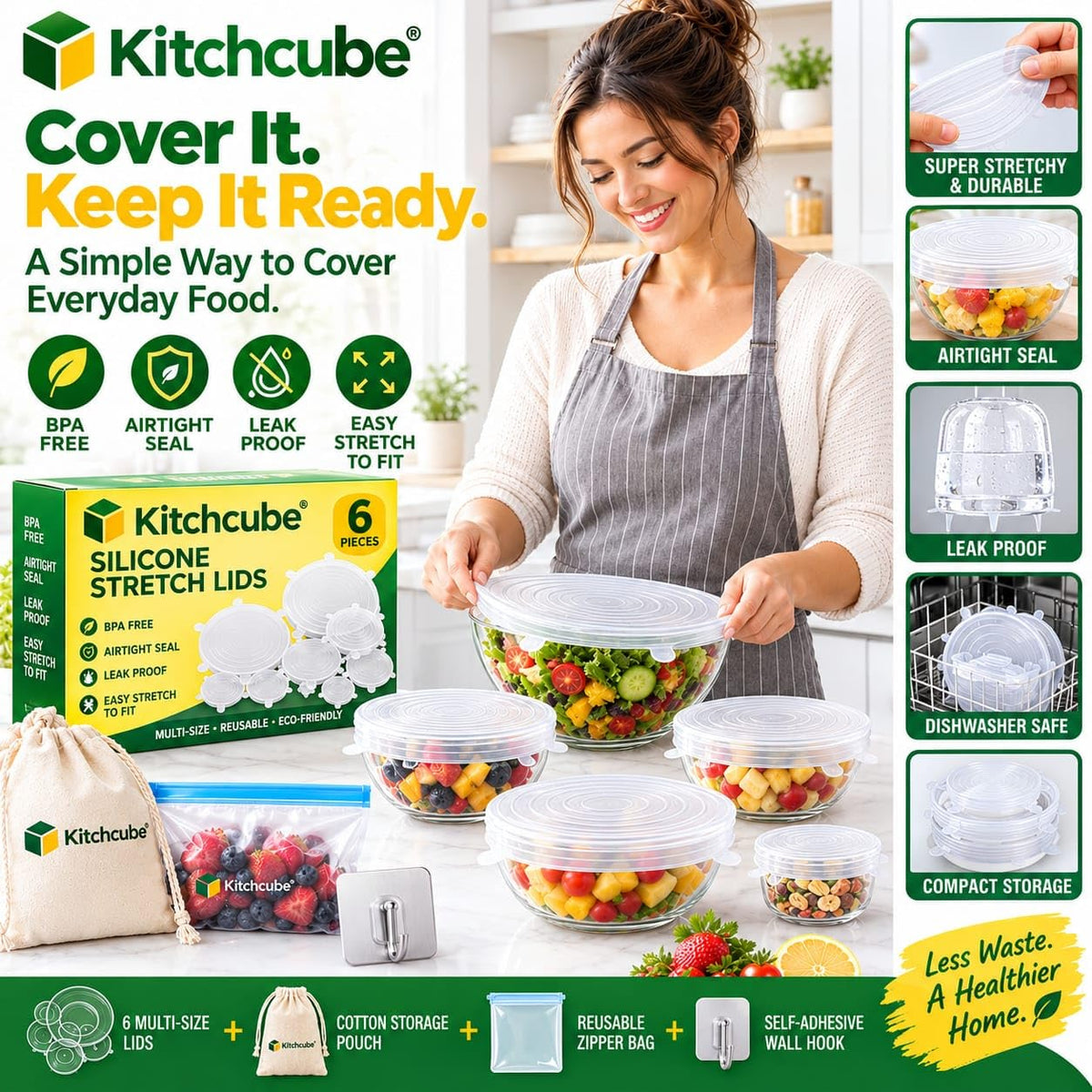 Silicone Lids for Food Storage, Reusable Silicone Stretch Lids for Bowls, Silicone Covers for Bowls & Containers, Airtight Flexible Bowl Covers for Kitchen Storage, White, Pack of 6