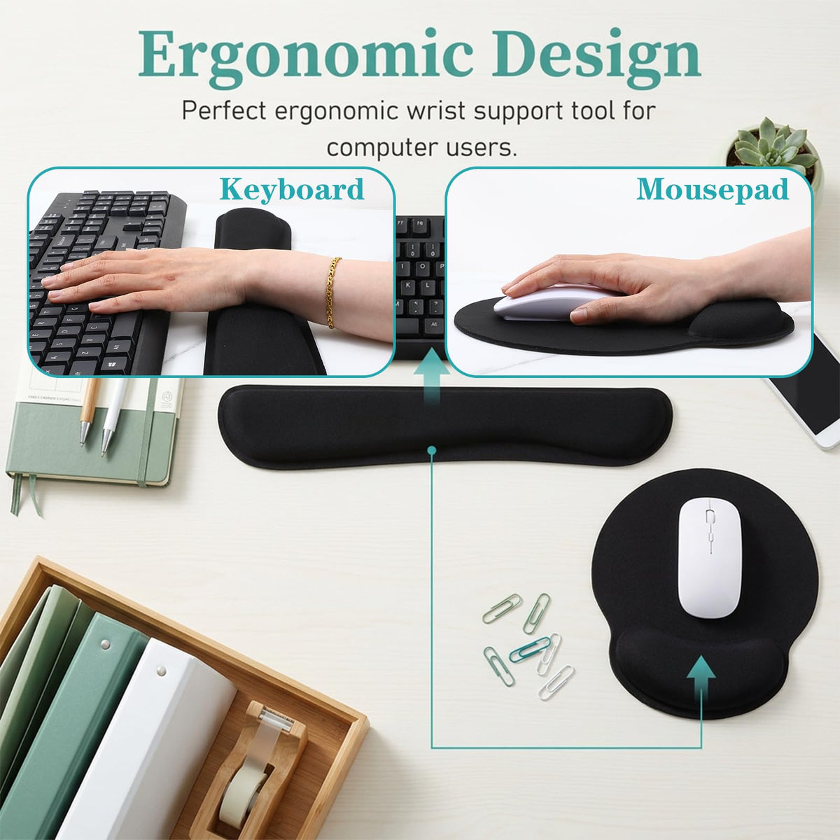 10 Pcs Ergonomic Mouse Pad and Keyboard with Wrist Support Set - Soft Memory Foam & Rubber Base Comfort Rest for Typing, Gaming, Computer, Laptop, Office, Home Use
