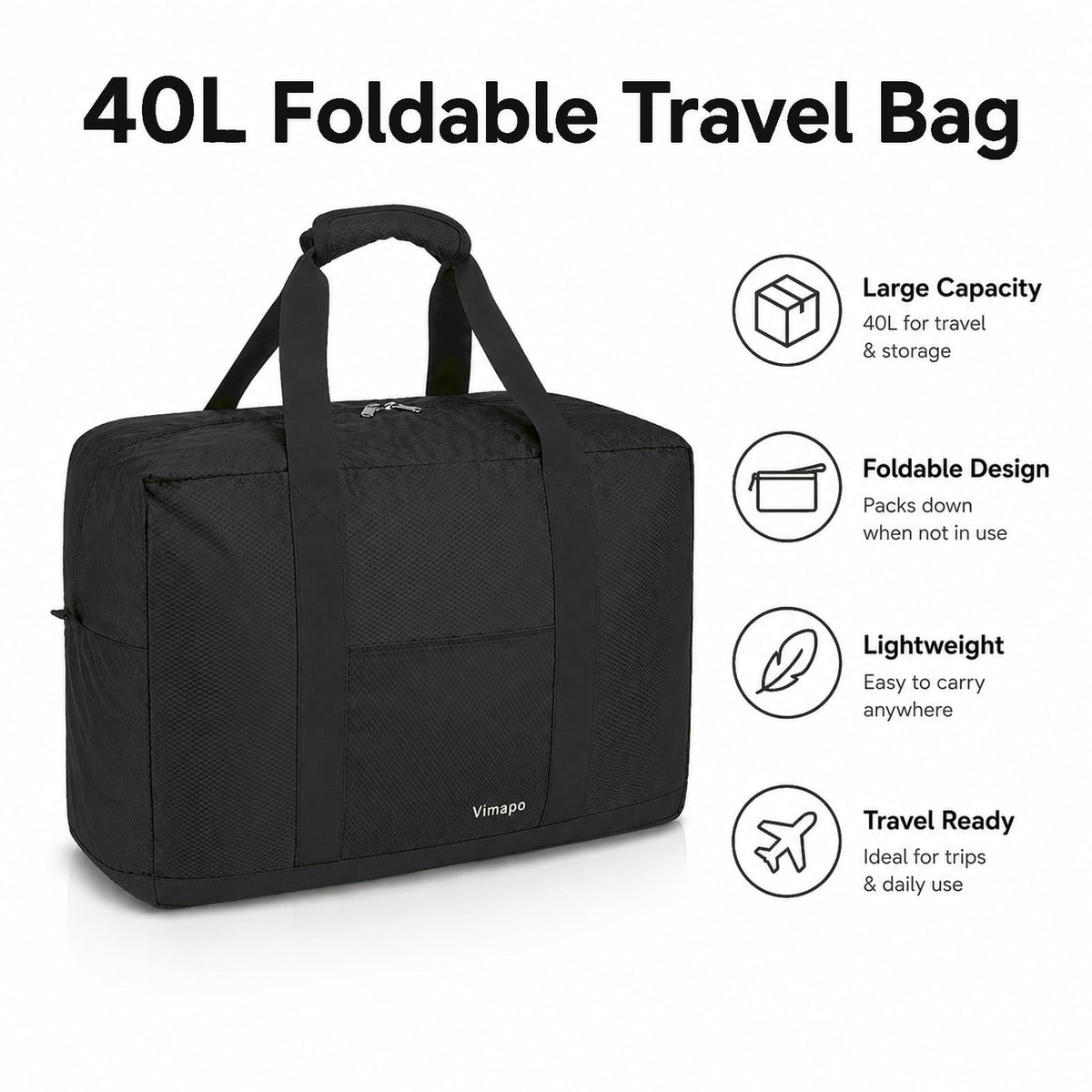 Foldable Travel Duffle Bag with Trolley Sleeve 40L Travel Bag Black