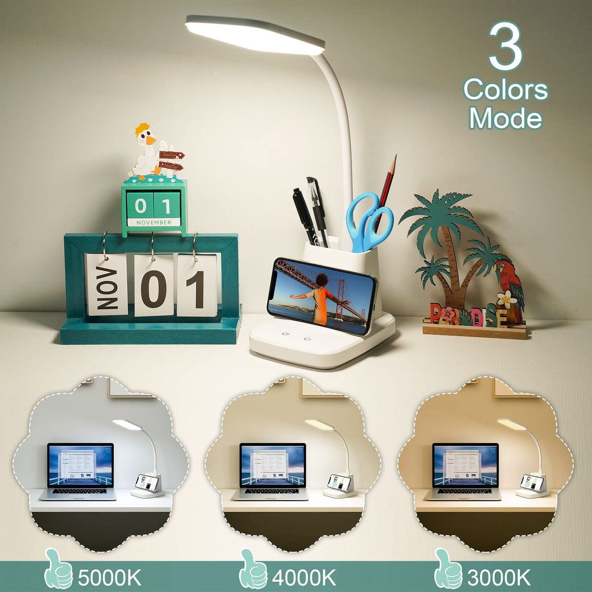 10W Wireless Charging LED Desk Lamp with Clock, Light Black