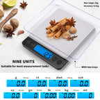 Small Digital Gram Scale 1000g by 0.01g, MEIYA High Accuracy Scale for Food Ounces and Grams, Upgrade USB Charging Kitchen Scale Digital Weight for Cooking, Baking, with Tare Function, 9 Units, 2 Tray Black