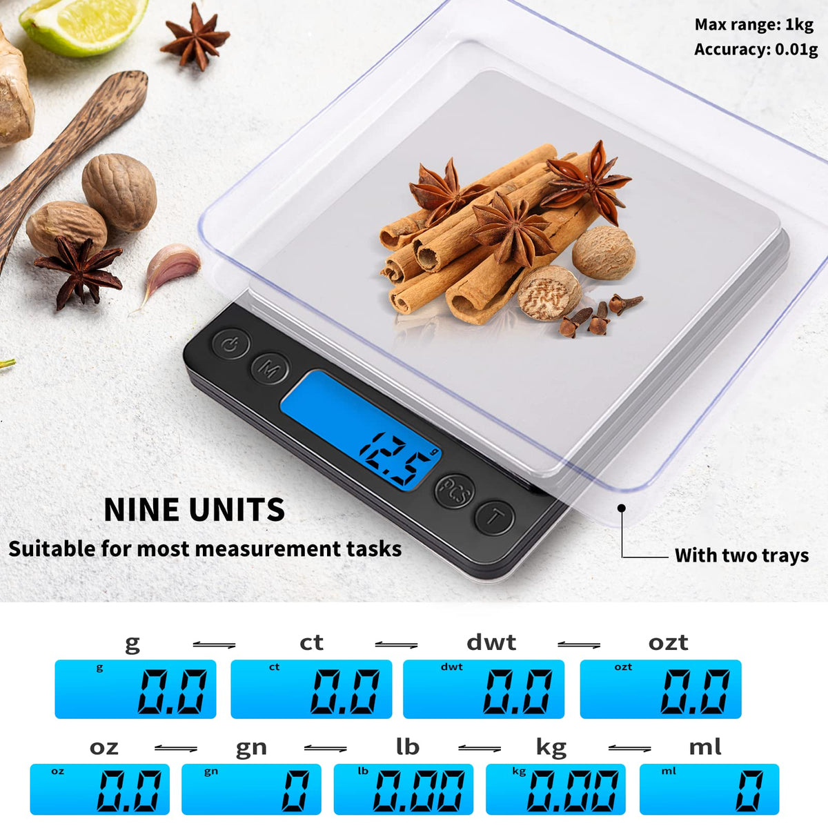 Small Digital Gram Scale 1000g by 0.01g, MEIYA High Accuracy Scale for Food Ounces and Grams, Upgrade USB Charging Kitchen Scale Digital Weight for Cooking, Baking, with Tare Function, 9 Units, 2 Tray Black