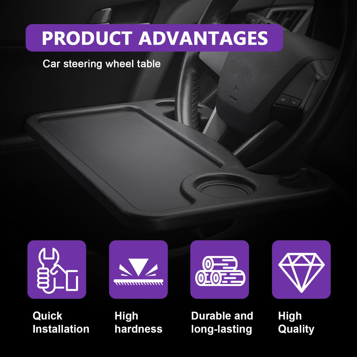 Multipurpose 2 in 1 Car Steering Wheel Desk Tray Laptop Mount and Food Table for Eating with Drink and Pen Holder Compatible with Most Vehicles (Black) black