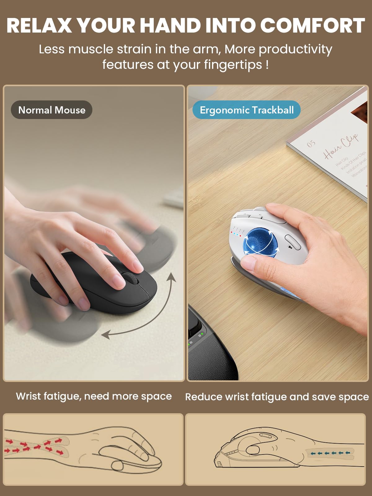 Ergonomic Wireless Trackball Mouse, Rechargeable Adjustable 0°/18° Angle Gray ball