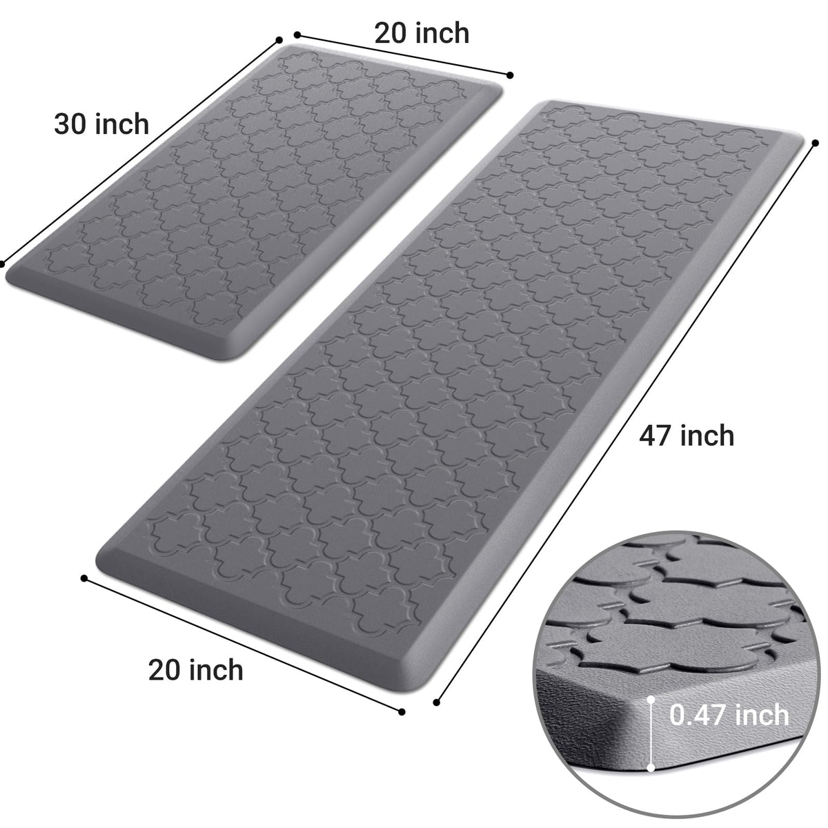 Kitchen Mat 2 PCS Cushioned Anti-Fatigue Floor Mat Standing Mat for Kitchen Stylish Grey 17.3"x29"+17.3"x47"