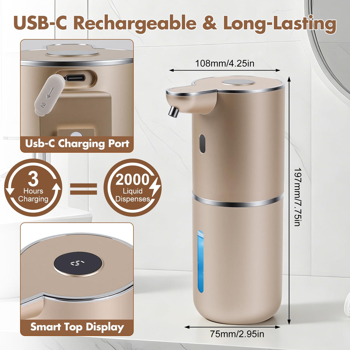 Automatic Soap Dispenser, Hand Soap Dispenser 12.8oz/380ml Smart Rechargeable, Liquid Touchless Soap Dispensers with 6-Level, Wall Mounted or Countertop Dish Soap Dispensing for Bathroom & Kitchen Black