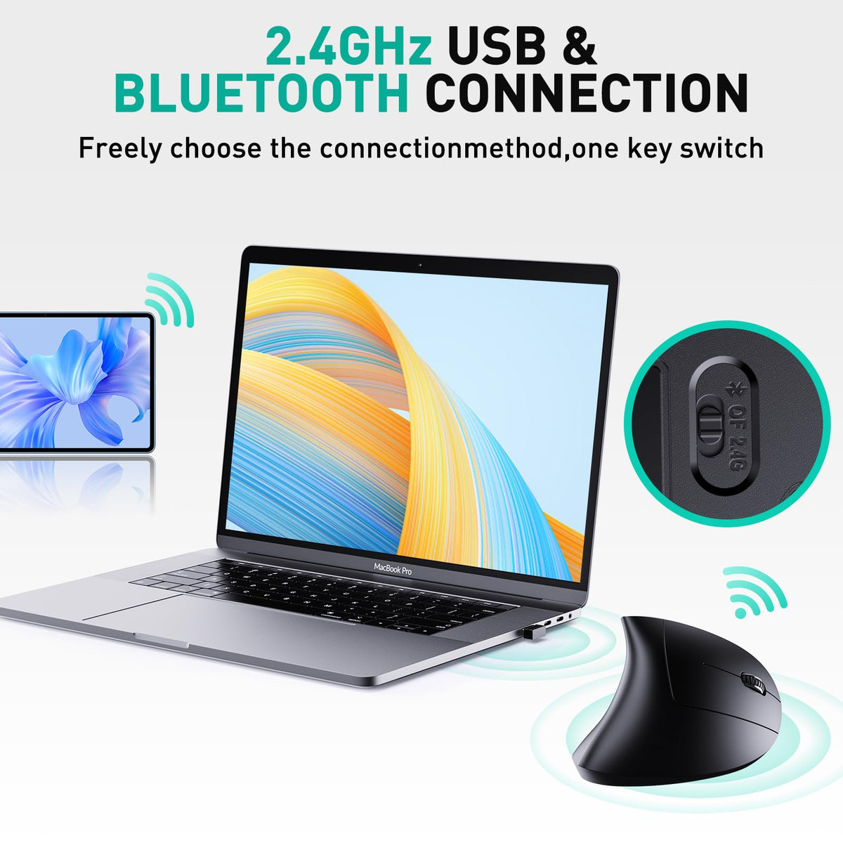 JYKEYMOUT Bluetooth and 2.4G (2-in-1) Rechargeable Wireless Mouse, Ergonomic Vertical Design, 1000/1200/1600 DPI, 6 Silent Buttons, for Laptop, Computer, PC, MacBook, Chromebook-Black
