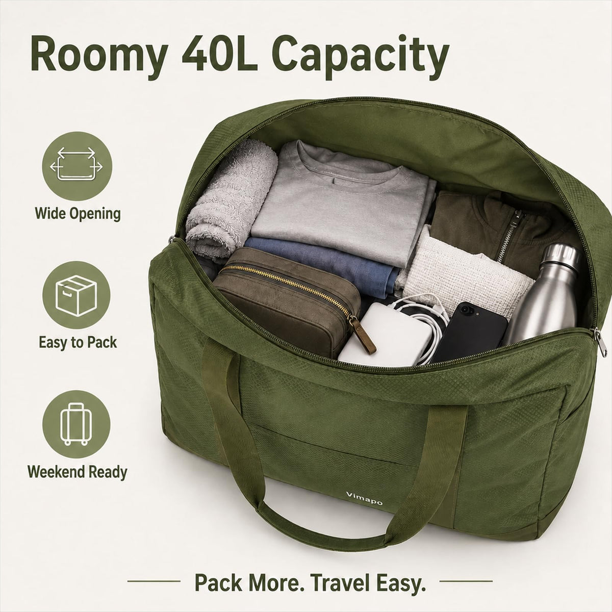 Foldable Travel Duffle Bag with Trolley Sleeve 40L Travel Bag Black