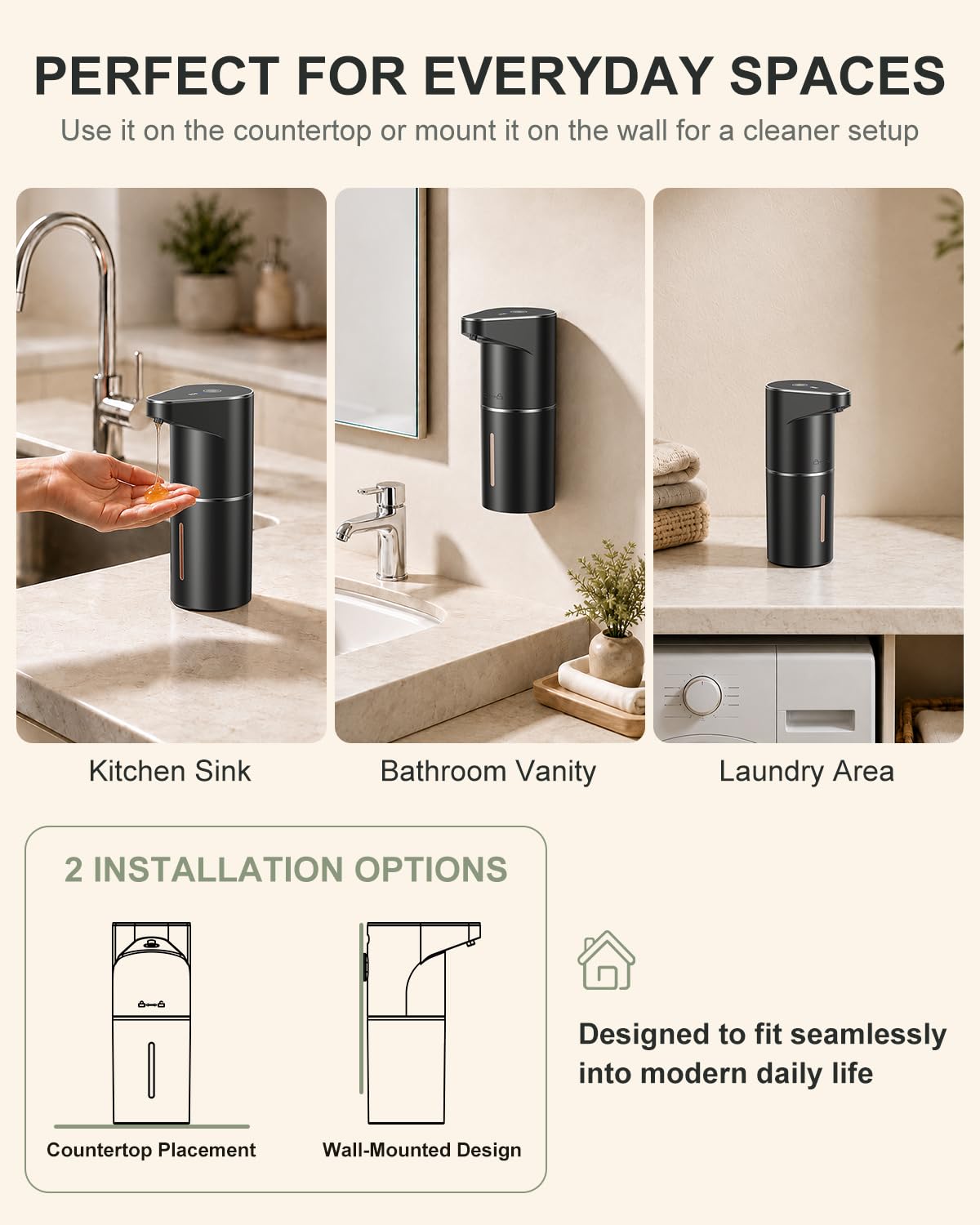 Fantictas Automatic Liquid Soap Dispenser, 3 Levels for Kitchen and Bath Black Gel