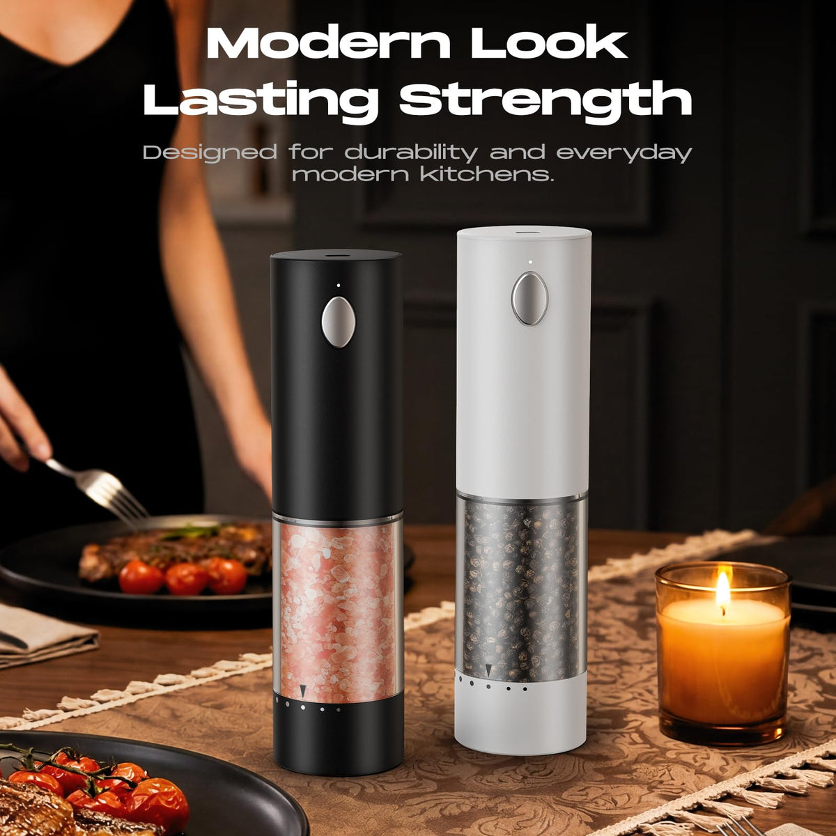Electric Salt and Pepper Grinder Set, Battery Automatic Salt and Pepper Shaker with Adjustable Coarseness, Large Capacity Pepper Mill with LED White Elephant Gifts(Battery-Stainless Steel) Battery-Stainless Steel 2-Pack