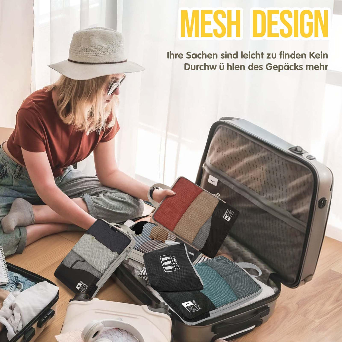 Compression Packing Cubes 8 Set, Dual Zipper Compression Packing Cubes for Travel, See-Through Mesh Packing Bags for Suitcases, Packing Cube with Shoe Bag (Black) 8 Set Black