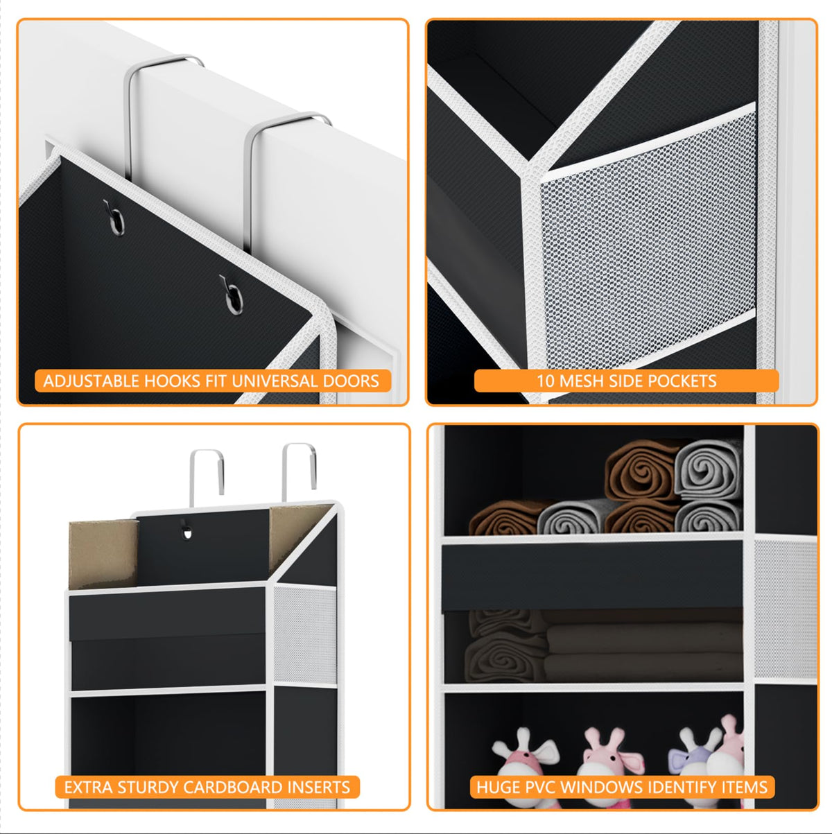Over The Door Organizer - Over Door Storage Organizer with 5 Large Pockets & 10 Mesh Side Compartments - Heavy-Duty Hanging Storage for Bathroom, Bedroom & Closet - Baby Room Organize - Grey