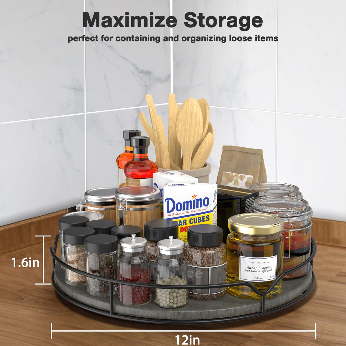 Lazy Susan Turntable Organizer for Cabinet Pantry Kitchen Countertop Refrigerator Cupboard, Pine Wood, 9", Carbonized Black 9''