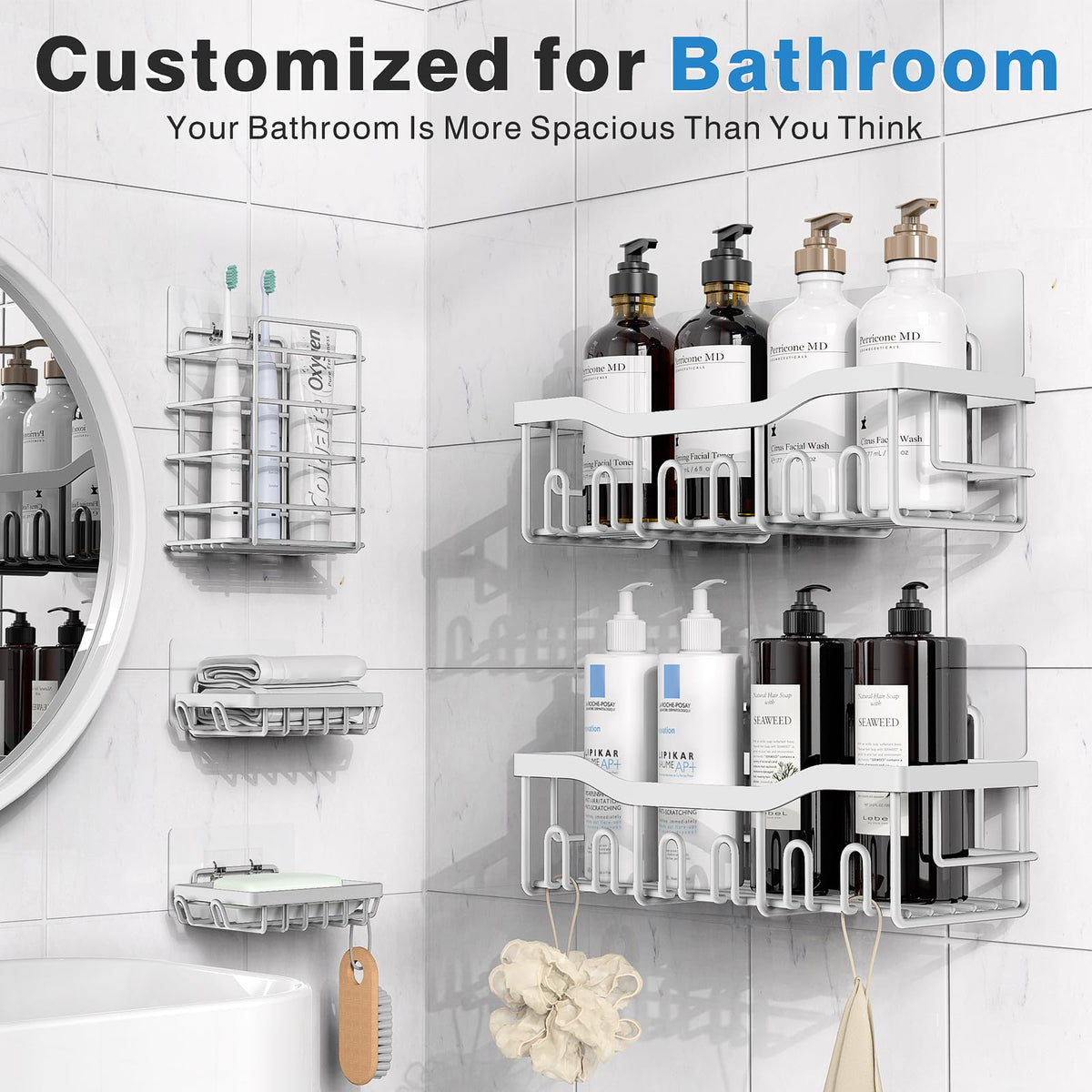EUDELE Adhesive Shower Caddy, 5 Pack Rustproof Stainless Steel Bath Organizers With Large Capacity, No Drilling Shelves for Bathroom Storage & Home Decor Black