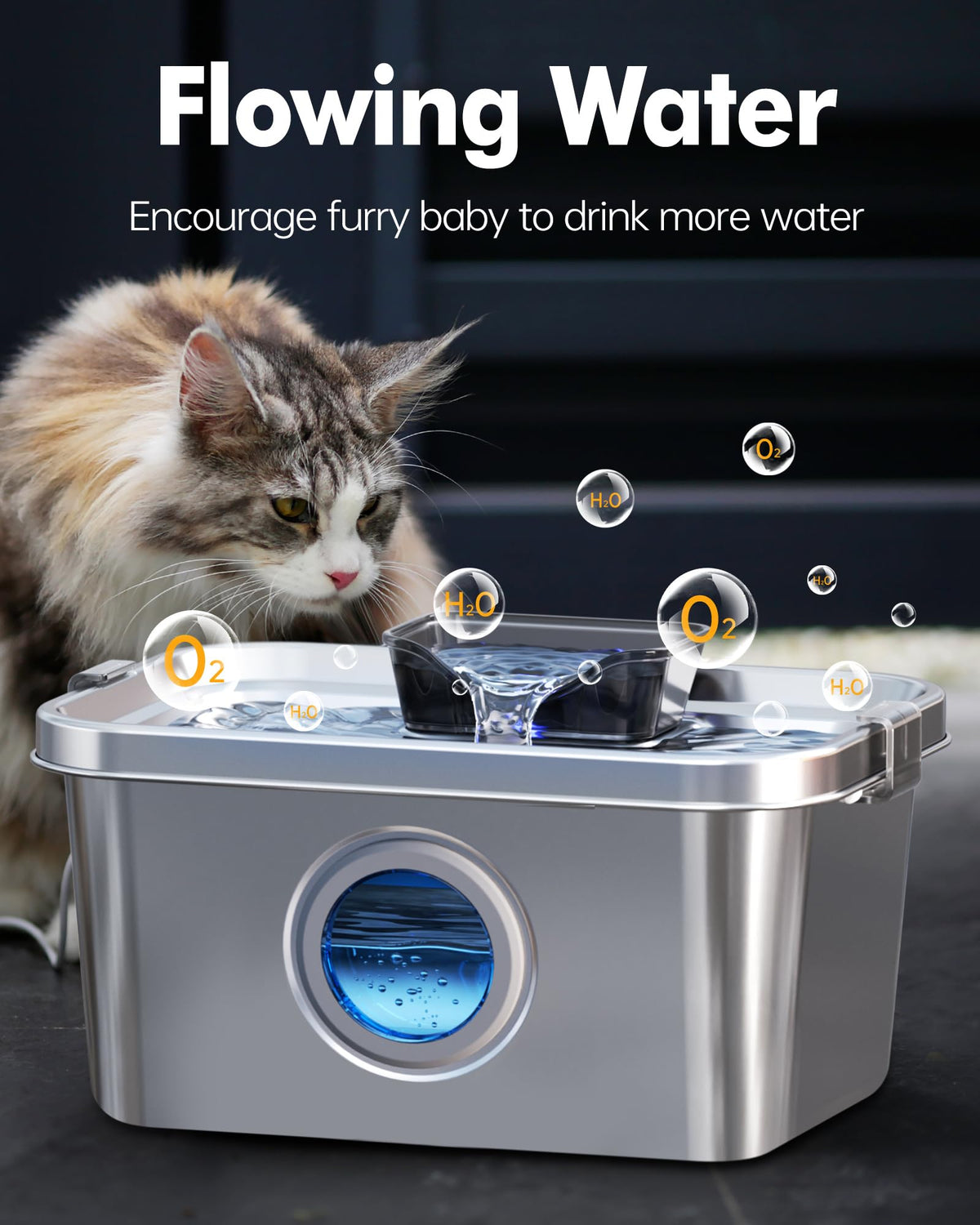 Dog Water Fountain 2 Gal, Stainless Steel Dog Water Fountain for Large Dogs Multi-Cats, Pet Water Fountain with Big Window, Super-Quiet Pump, Indoor Automatic Dog Water Bowl Dispenser Fountain Filters Dog fountain with filter